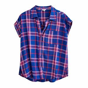 En Creme Plaid Button Down Shirt – Size M – Blue & Pink Short Sleeve Blouse
